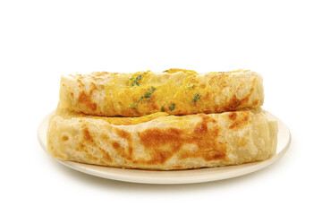 Handmade Ham and Herb Pancake Rolls with Golden Crust on White Plate