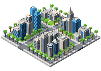 Flat isometric Los Angeles cityscape featuring palm trees, wide boulevards, and mid-rise modern towers. clean vector structure, no gradients, squared composition
