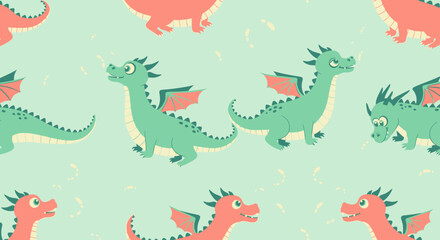 A repeating pattern featuring cartoon dragons in red and green with wings, set against a bubbly, light green background
