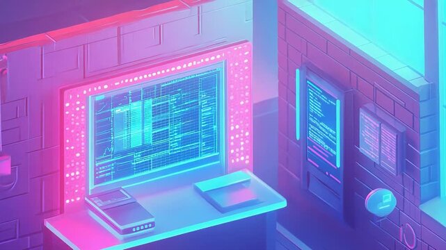 Cyberpunk futuristic computer workstation with glowing neon data
