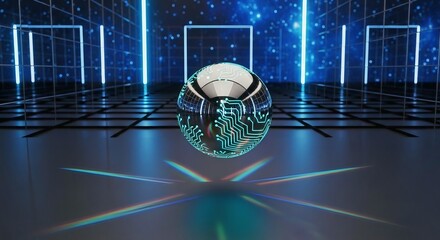 A reflective sphere with circuit patterns floats above a grid floor with neon lights in the background