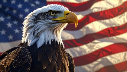 Majestic bald eagle against a waving American flag backdrop, symbolizing freedom and patriotism