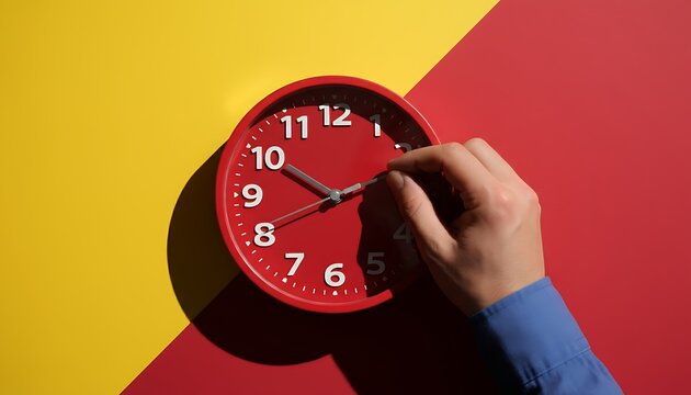 A human hand adjusting a vibrant red analog clock, symbolizing time change, daylight saving, and the crucial concept of managing and adapting schedules