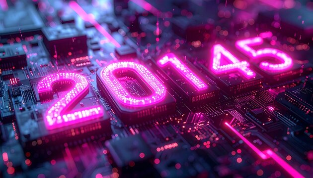 Glowing futuristic numbers hover above intricate circuit board, bathed in pink neon light - Powered by Adobe