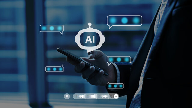 Person interactPerson using smartphone with ai chatbot interface and speech bubblesing with futuristic ai interface on a device