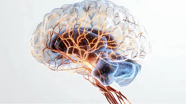 Human brain with highlighted neural network and spinal cord