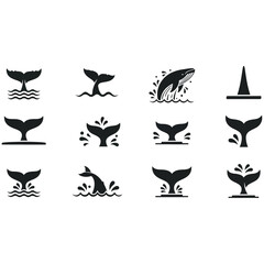 Collection of whale tail icons depicting diving and splashing in water, symbolizing marine life and ocean exploration