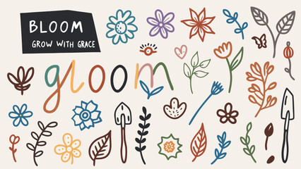A botanical doodle set full of hand-drawn flowers, leaves, butterflies, and garden tools.