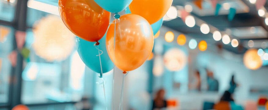 Bright Orange and Blue Balloons Foregrounding an Indoor Party Celebration