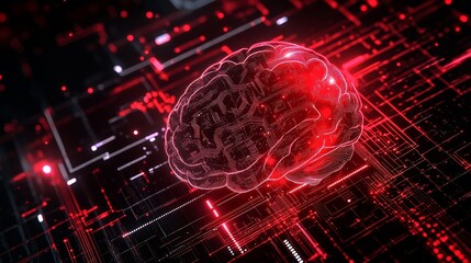 Red AI Brain: Digital Network Processing and Deep Learning Concept.This powerful visual represents the complex structure of computing and artificial intelligence. Futuristic illustration focusing.