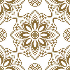 A seamless pattern with elegant gold and white abstract ornament in oriental style. Repeated modern geo design. 