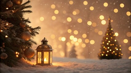 Enchanting Winter Landscape with Illuminated Christmas Trees and Festive Lantern Creating a Cozy Holiday Ambiance