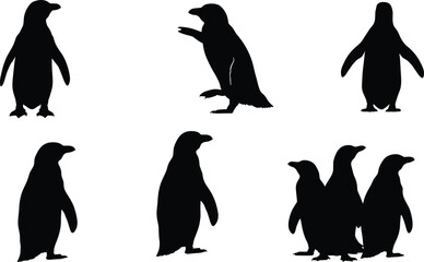 Penguin silhouettes collection isolated on white background, group and single penguins vector illustration, wildlife design elements
