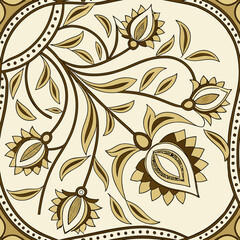 A seamless pattern with elegant gold and white abstract ornament in oriental style. Repeated modern geo design. 