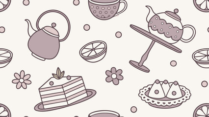 A seamless tea-themed pattern illustration. Modern abstract design for paper, covers, fabric, interior decor, and other applications.