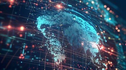 World Map Global Data Flow: Digital illustration of interconnected societies. This powerful visual represents international connectivity and the massive scale of modern big data processing.