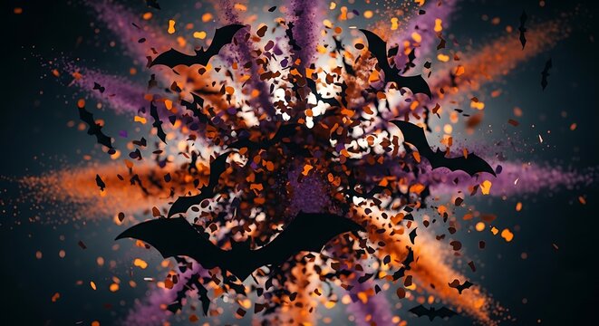 A Halloween scene featuring silhouettes of bats flying in an explosion of confetti with purple and orange hues - Powered by Adobe