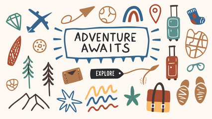 A whimsical doodle collage featuring airplanes, passports, suitcases, landmarks, and maps.