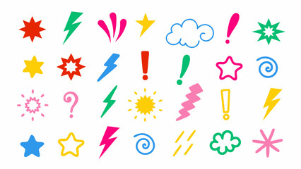 Comic doodle expression symbols in vibrant rainbow colors — lightning bolts, stars, exclamation marks, and swirls.