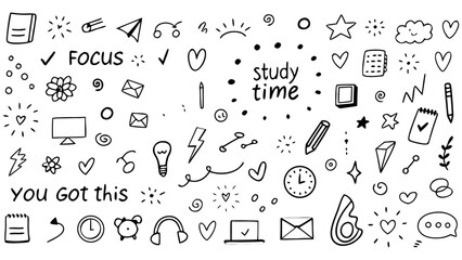 Doodle simple elements. Cute line notebooks, pencils, rulers, sticky notes, laptops, glasses, stars, hearts. Vector sketch hand drawn set