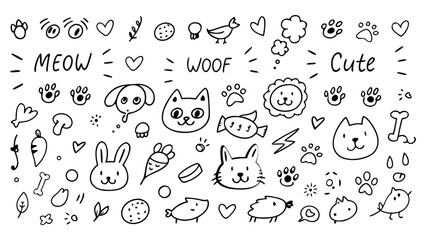 Doodle simple elements. Cute line cats, dogs, birds, rabbits, fish, paw prints, bones, hearts, and speech bubbles. Vector sketch hand drawn set