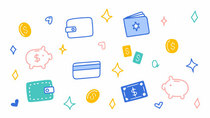 Flat colorful vector doodle icons of wallets, coins, credit cards, piggy banks, dollar signs. Vector set.