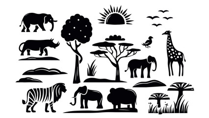 Flat vector black silhouettes of African wildlife — lions, elephants, giraffes, rhinos, zebras, acacia trees, and setting sun.