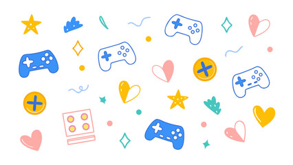 Flat colorful vector doodle icons of controllers, gamepads, hearts, coins, joysticks, stars. Vector set.