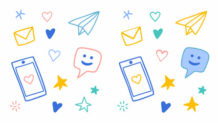 Flat colorful vector doodle icons of speech bubbles, chat symbols, paper planes, phones, hearts. Vector set.