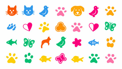Flat vector illustration of colorful animal doodle icons, featuring cats, dogs, birds, fish, butterflies, and paw prints.