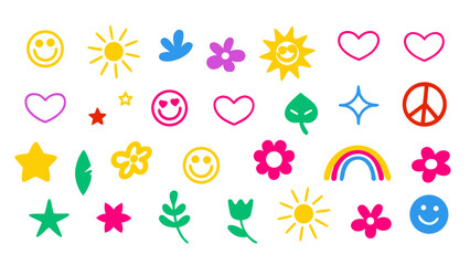 Flat vector illustration of colorful mindfulness and positivity doodles. Includes smiley faces, hearts, flowers, peace signs, suns, and affirmations.