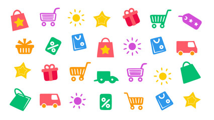 Flat vector illustration of colorful online shopping doodle symbols. Includes shopping carts, gift boxes, credit cards, delivery trucks, and sale tags.