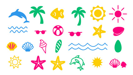 Flat vector illustration of colorful tropical and ocean-themed doodles. Includes palm trees, waves, seashells, suns, surfboards, sunglasses, and beach balls.