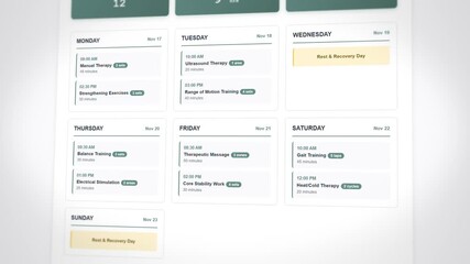 Dynamic progression of a weekly physical therapy schedule with interactive elements