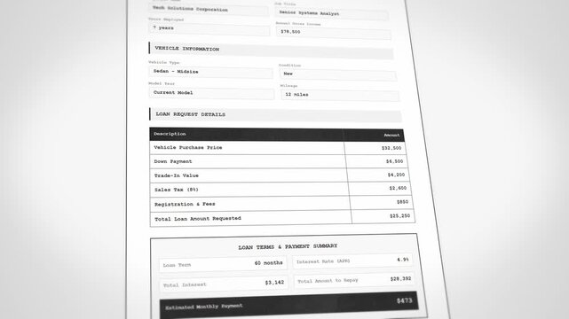 Close-up auto loan application form with financial calculations and payment details
