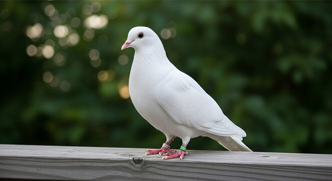 White dove perched on a wooden railing a symbol of peace and hope against a blurred green background