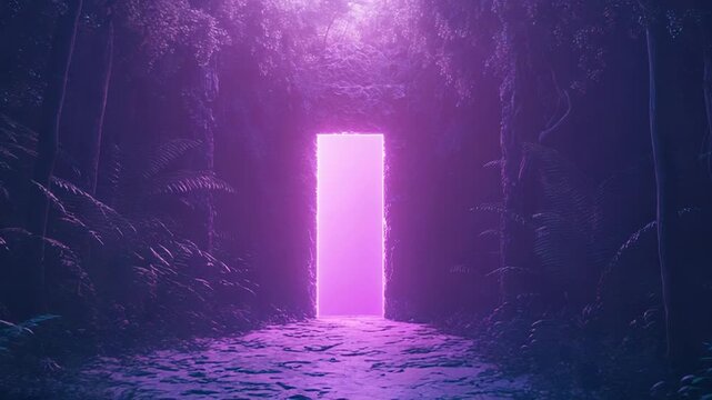 Glowing neon portal opening a mystical jungle bath
