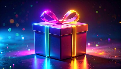 Glowing gift box with neon light outlining, sitting on a reflective surface, against a dark backdrop with bokeh