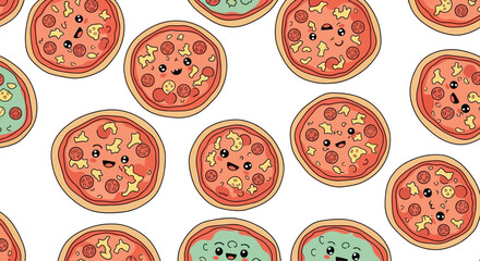 Whimsical pattern featuring pizzas with expressive faces, scattered on a white background. Each is unique with toppings