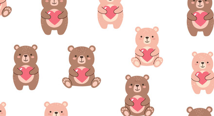 Repeat pattern of cartoon bears holding pink hearts, varying shades of brown and pink on a white background