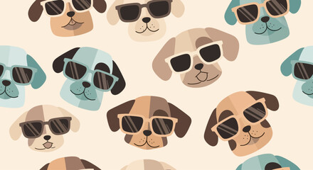 Playful pattern featuring stylized dog faces with sunglasses on a light background. Various colors and angles create a fun, repeating design