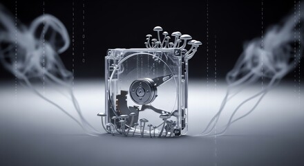 A surreal image of a computer hard drive with mushrooms growing on it, with smoke