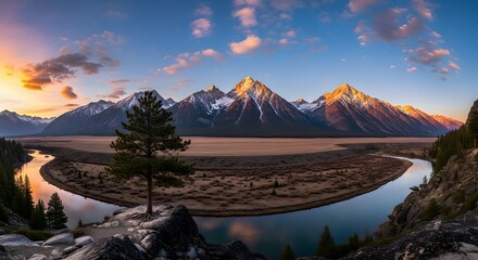 Majestic mountain range landscape with river and dramatic sky at sunset