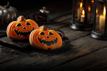 Eerie pumpkin cookies: perfectly chilled halloween delight on dark display. Luxury portrait. Wicked pumpkin cookies on black table with mysterious candle glow. Designer fashion. Premium design.