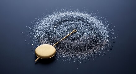 Closeup of a golden pendulum lying on a pile of silver glitter on a dark blue background