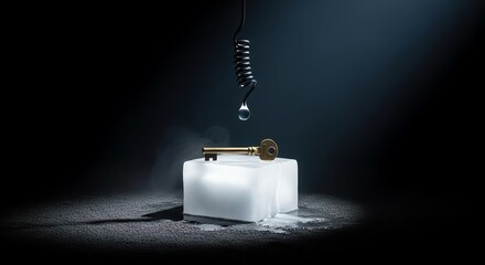 A golden key sits atop a block of ice as a single drop of water falls from above in dramatic lighting