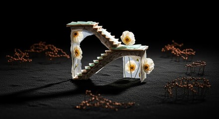 Impossible stone staircase with flowers in surreal setting under a spotlight, conceptual art