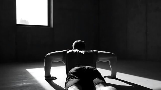 Muscular athlete performs intense pushups bodyweight exercise in dramatic gym light