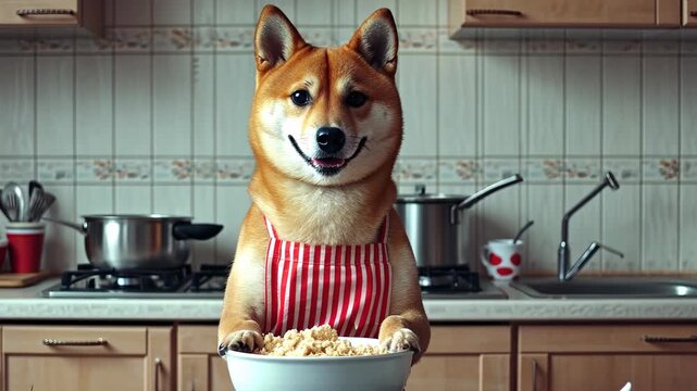 A cheerful shiba inu in apron prepares a meal while standing in a cozy kitchen