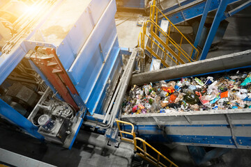 View of the conveyor and mechanical units for collecting and sorting at a large plant for...